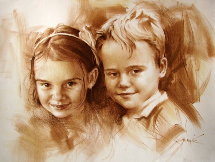 Portrait of two children, Painting Portreti, Sretenovic Miroljub