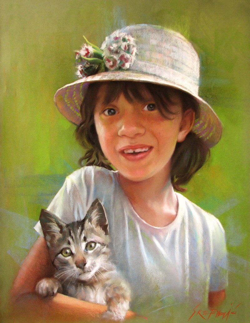 Portrait of a girl with a cat, Painting Portreti, Sretenovic Miroljub