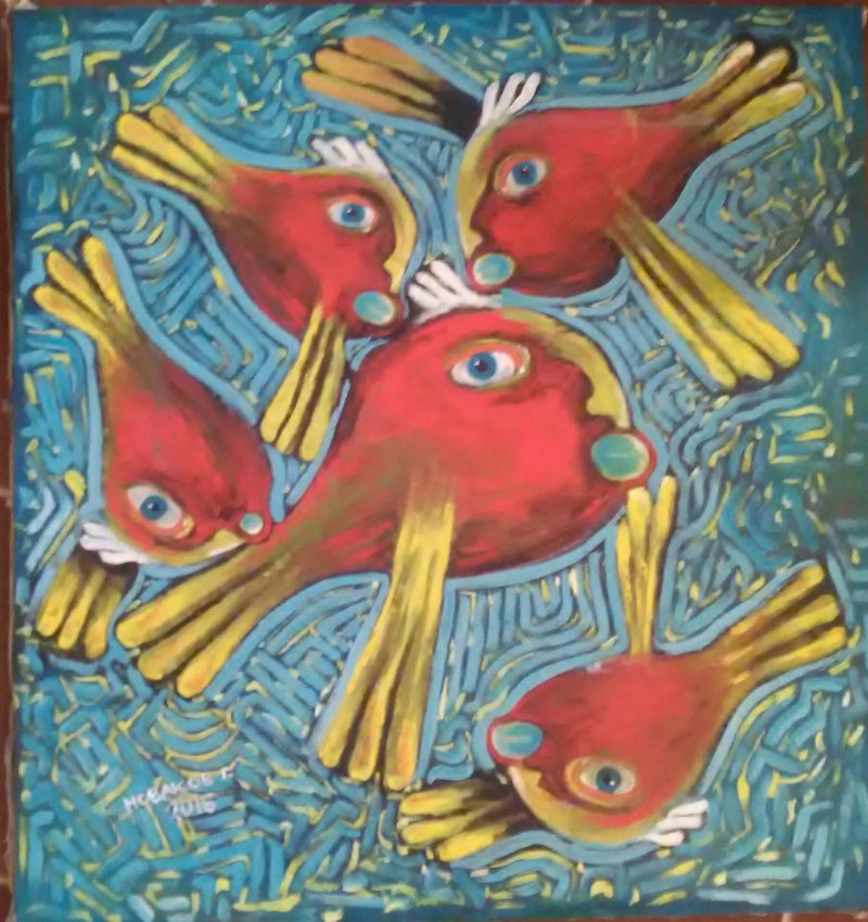 `Red birds over the city`, Painting Novakov Goran
