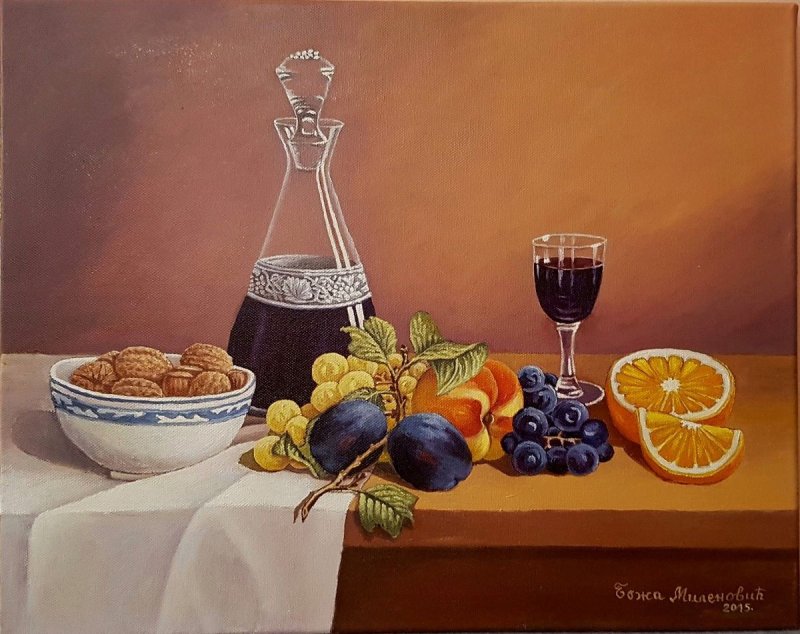 Still life with fruit and wine 2, Painting Milenović Božidar