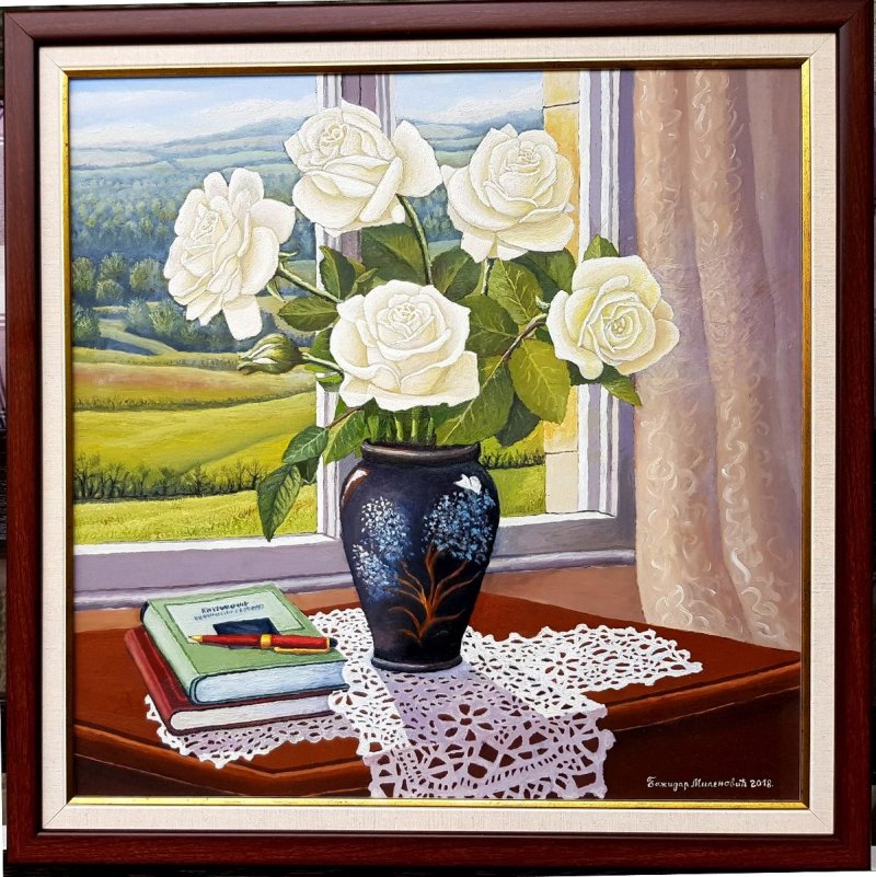 White roses in vase, Painting Milenović Božidar