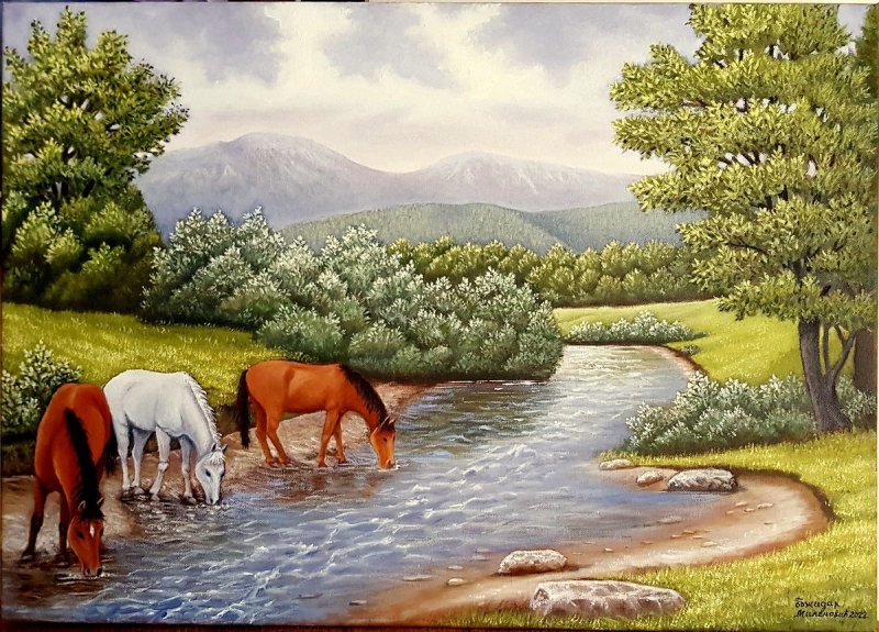Horses on the Kutina river, Painting Milenović Božidar