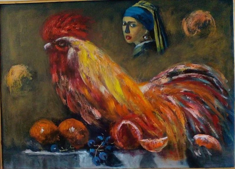 a girl with a rooster, Painting Antić Bojan