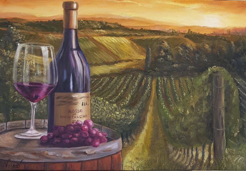 Wine, vineyard and sunset, Painting Vujinovic Vesna