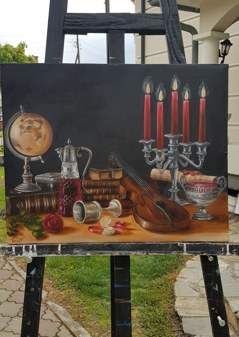 Still life candles and violins, Painting Vujinovic Vesna