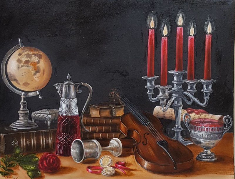 Still life candles and violins, Painting Vujinovic Vesna