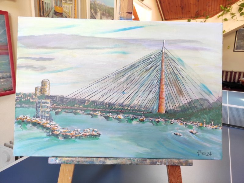 Beograd The bridge on Ada, Painting Arsenović Jelena