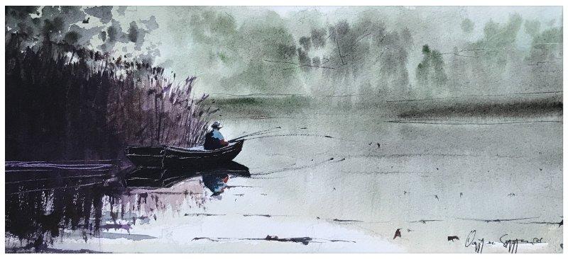 Peacefull fishing near reed, Painting Spasojevic Ognjen