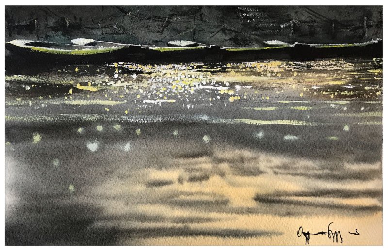 Boats near restaurant, Painting Spasojevic Ognjen