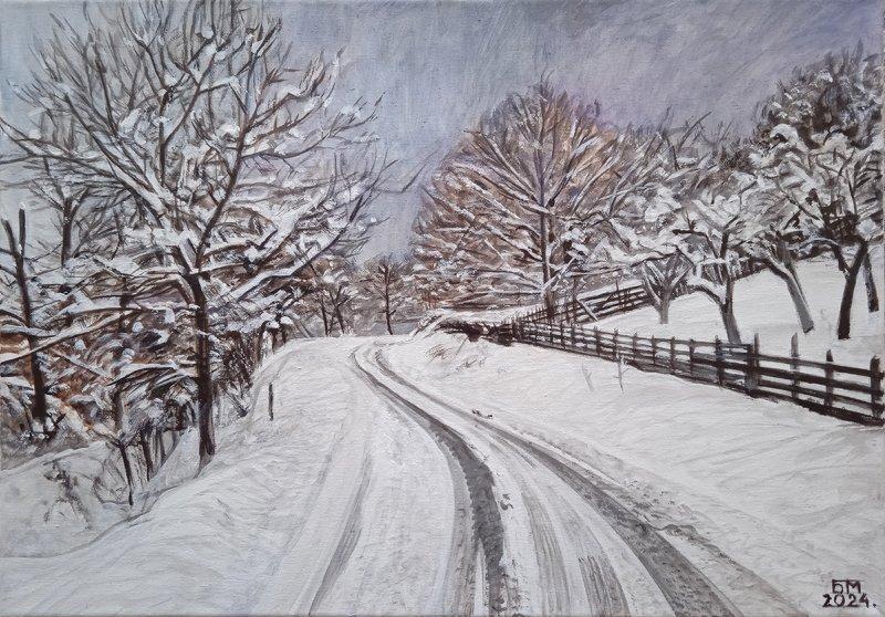 Snowy road, Painting Milutinovic Bojan