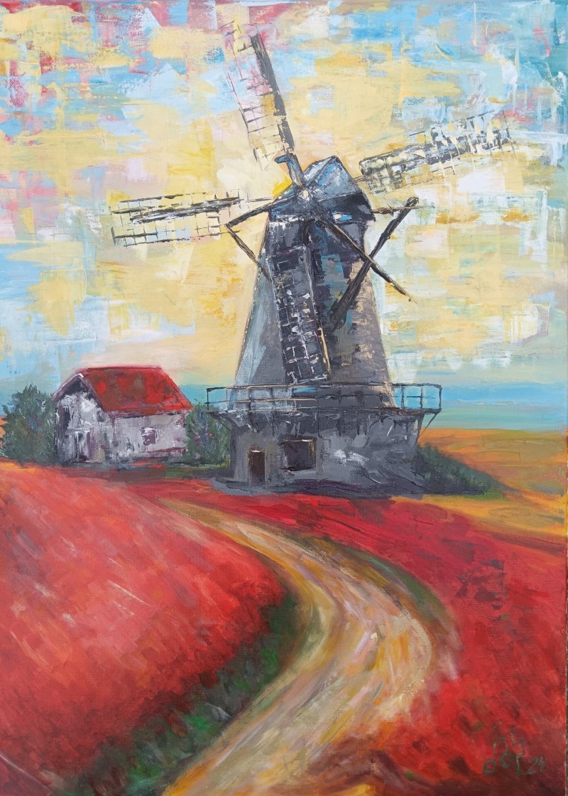 Windmill in the field, Painting Kolačarić Dragana