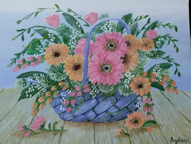 A basket of flowers, Painting Nedovic Ljubica