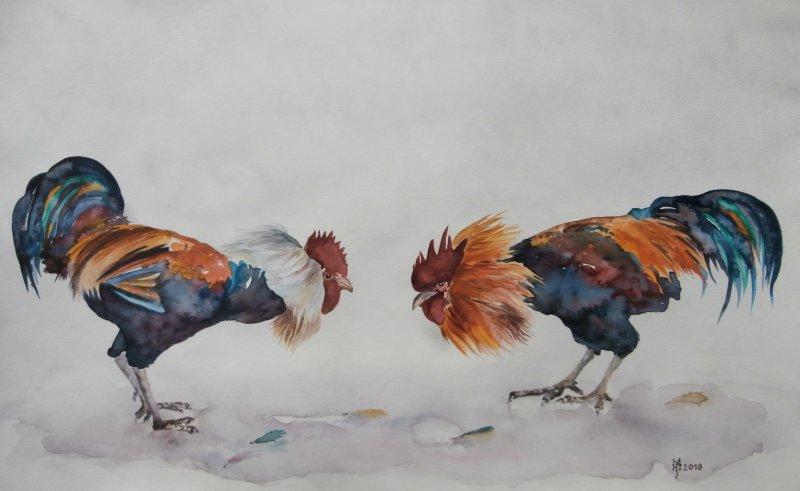 ROOSTERS FIGHT, Painting Mihajlovic Zoran