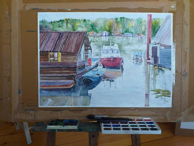 BOATS ON THE RIVER SAVA, Painting Mihajlovic Zoran