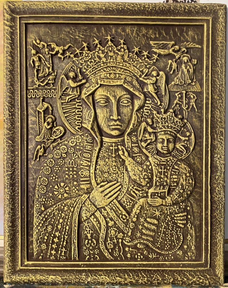 Golden Icon of our lady of Czestochowa with baby Jesus - Rajački