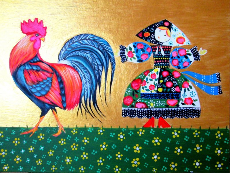 Rooster and Lena, Painting Marijana Stevancev