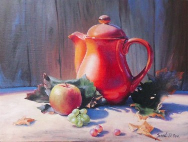 Red teapot- framed oil on canvas 40x50cm