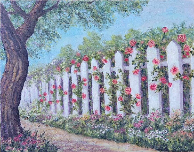 Roses on white fence, Painting Ivona Nikolic
