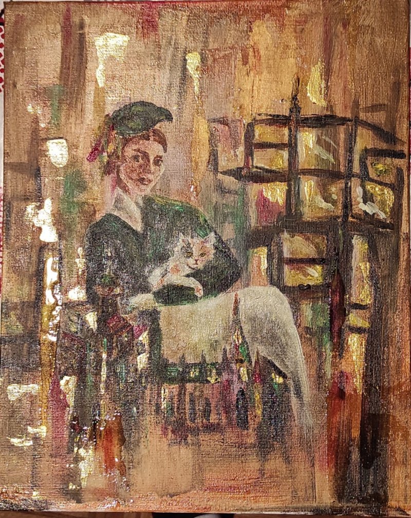 City lady with a cat, Painting Dunja Spasić