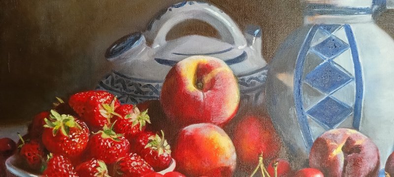 Antique Pitchers and Summer Fruits, Painting Alena Savchenko - Lukian