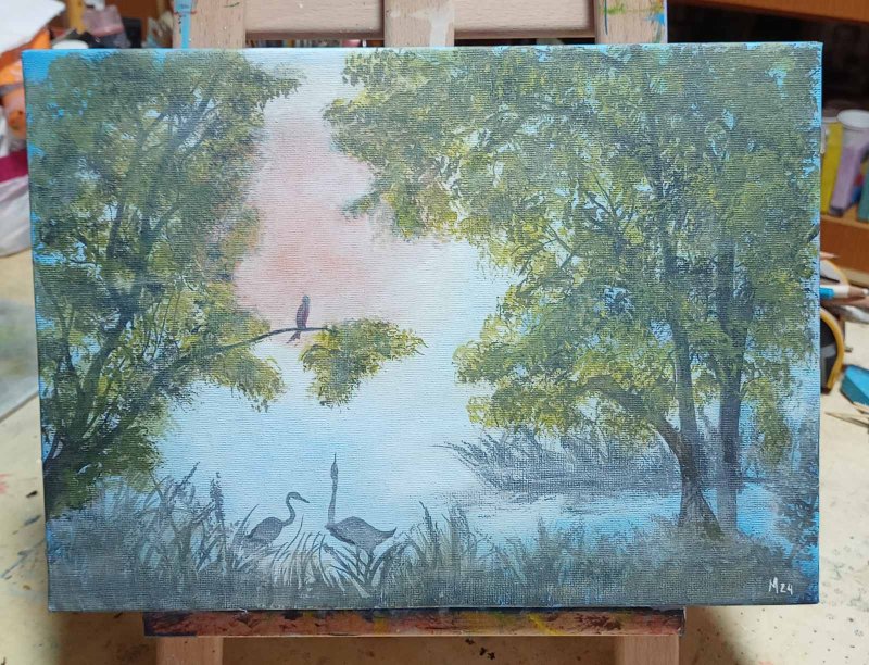 Heron in the fog, Painting Marija  Tabački - Johum