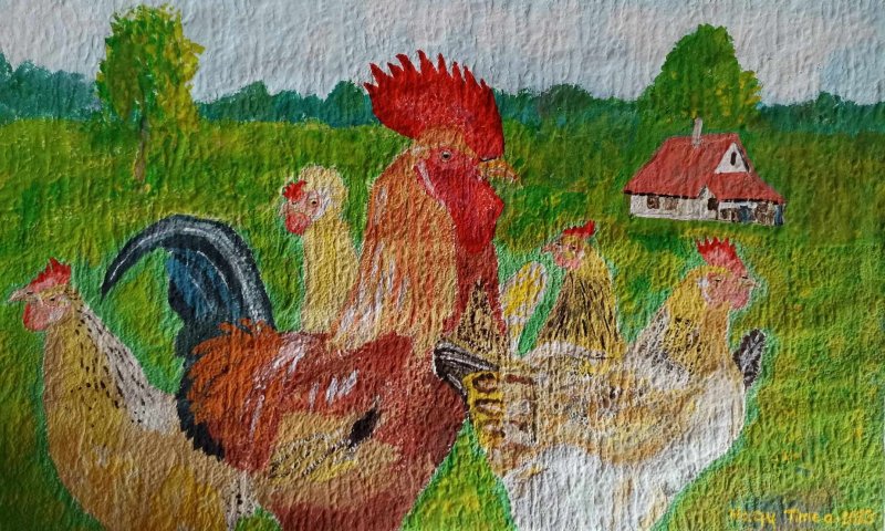 The rooster and his hens, Painting Timea Nagy