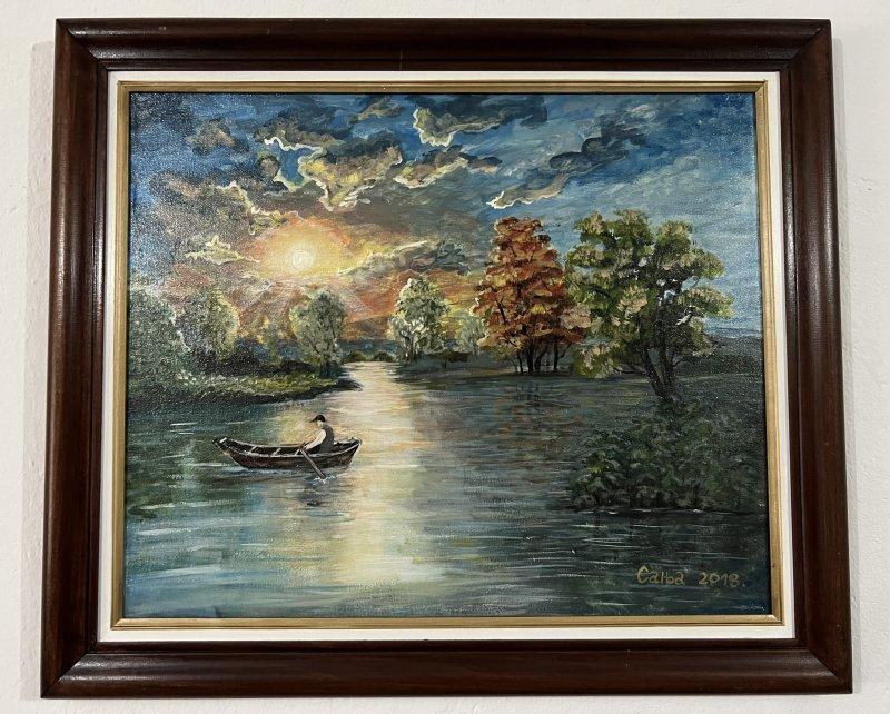 Sunset on the Serene River, Painting Sanja Lukovic