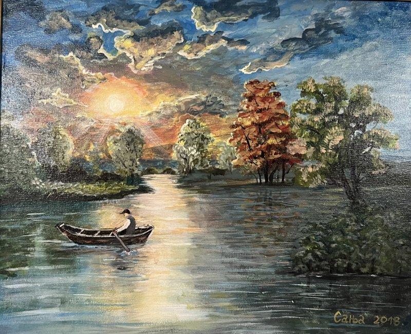 Sunset on the Serene River, Painting Sanja Lukovic