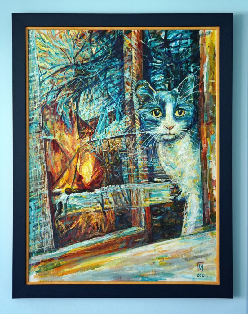 The cat in the window pane, Painting Igor Stević