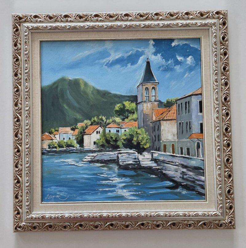 Oil on canvas - Bell tower by the sea, beautiful