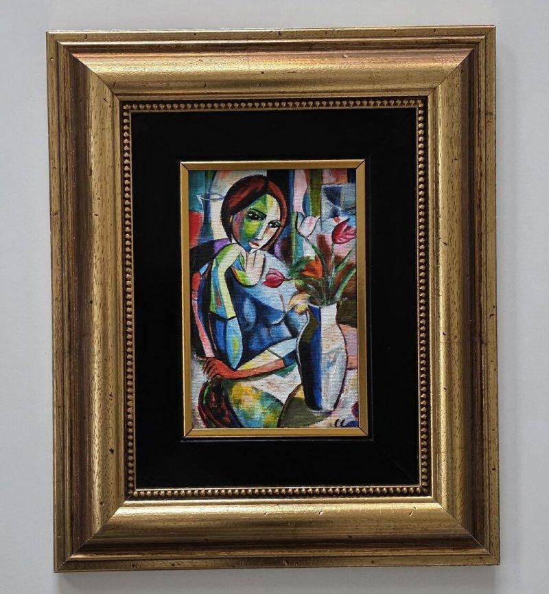 Painting - Lady and Flowers - acrylic on canvas - Miniature, Painting Dusko Dule