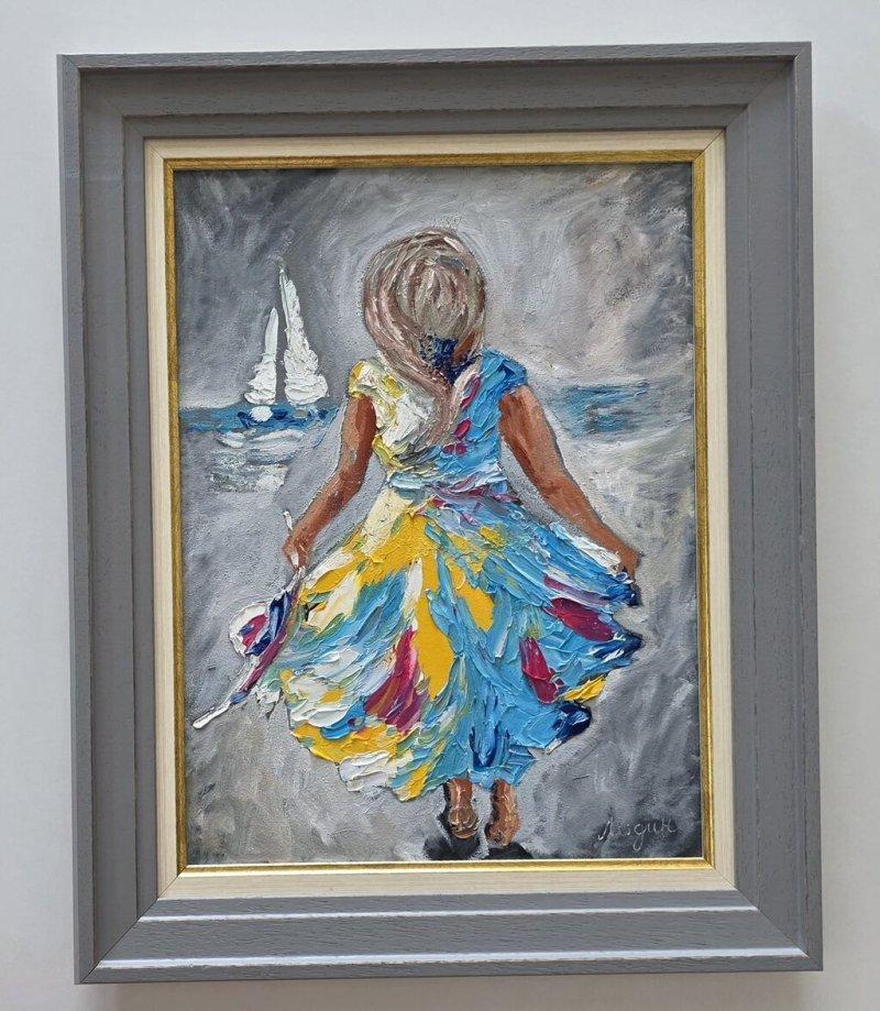 Oil on canvas - Little girl and a boat, beautiful