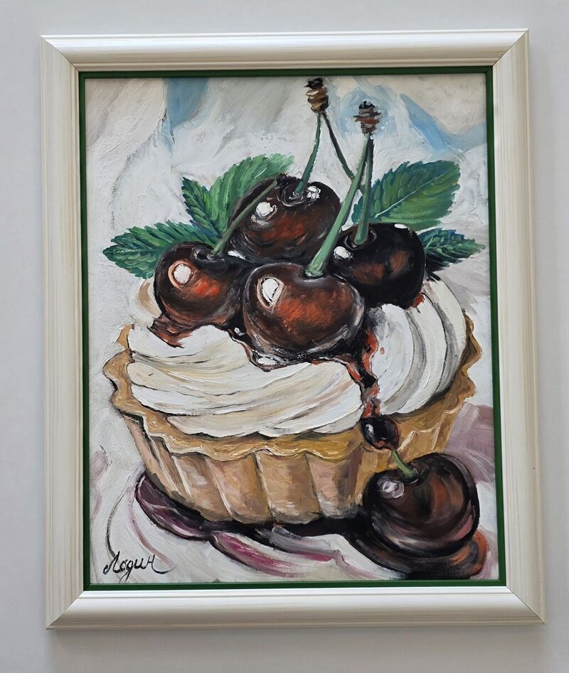 Oil on hardboard - Cherry cake, beautiful, Painting Dusko Dule