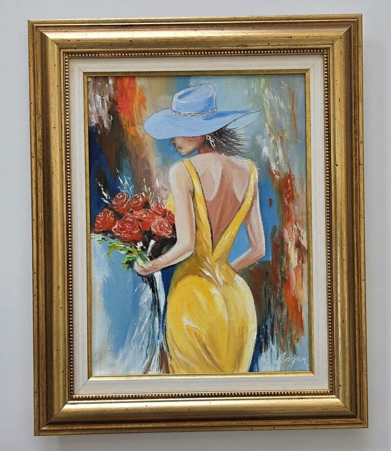 Oil on canvas - Lady with Roses, beautiful, Painting Dusko Dule