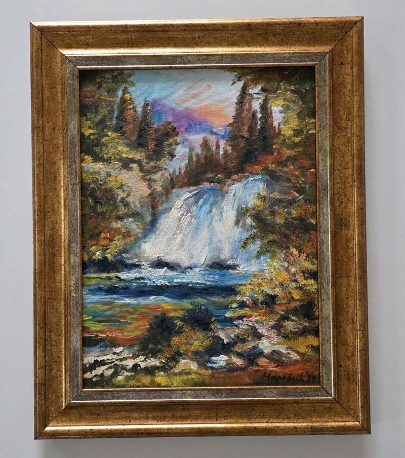 Oil on canvas - Autumn Waterfall, a beautiful painting