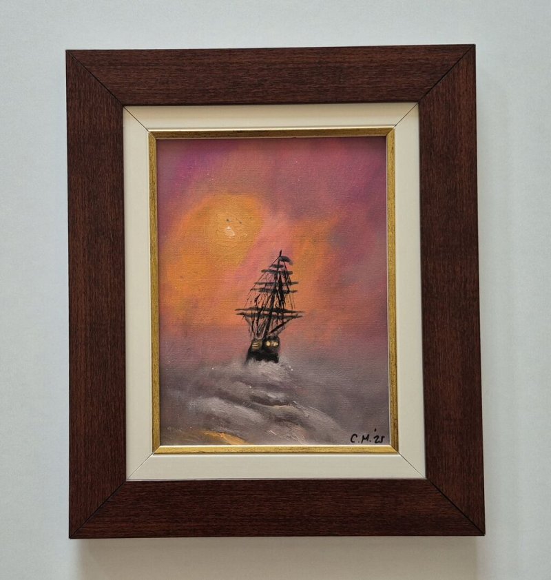 Oil on canvas - Barka and sunset, beautiful picture