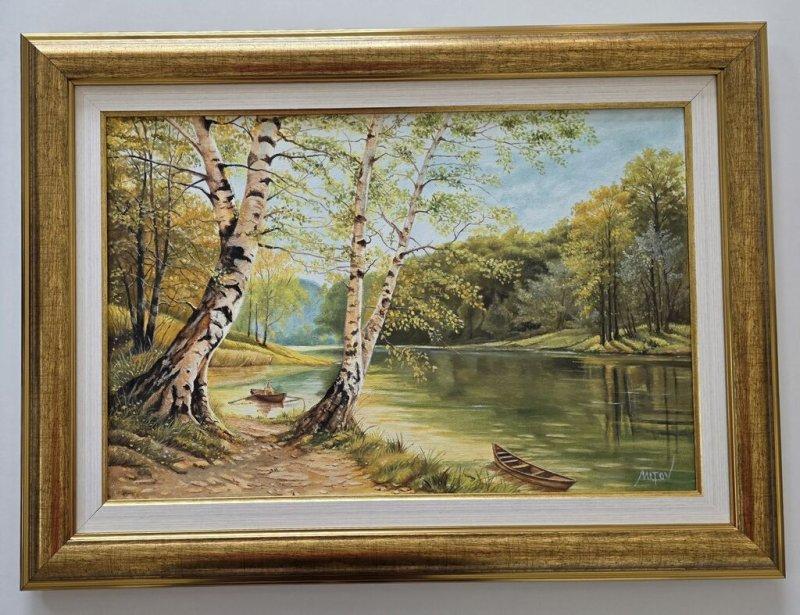 Oil on canvas - Two birches and two boats, beautiful, Painting Dusko Dule