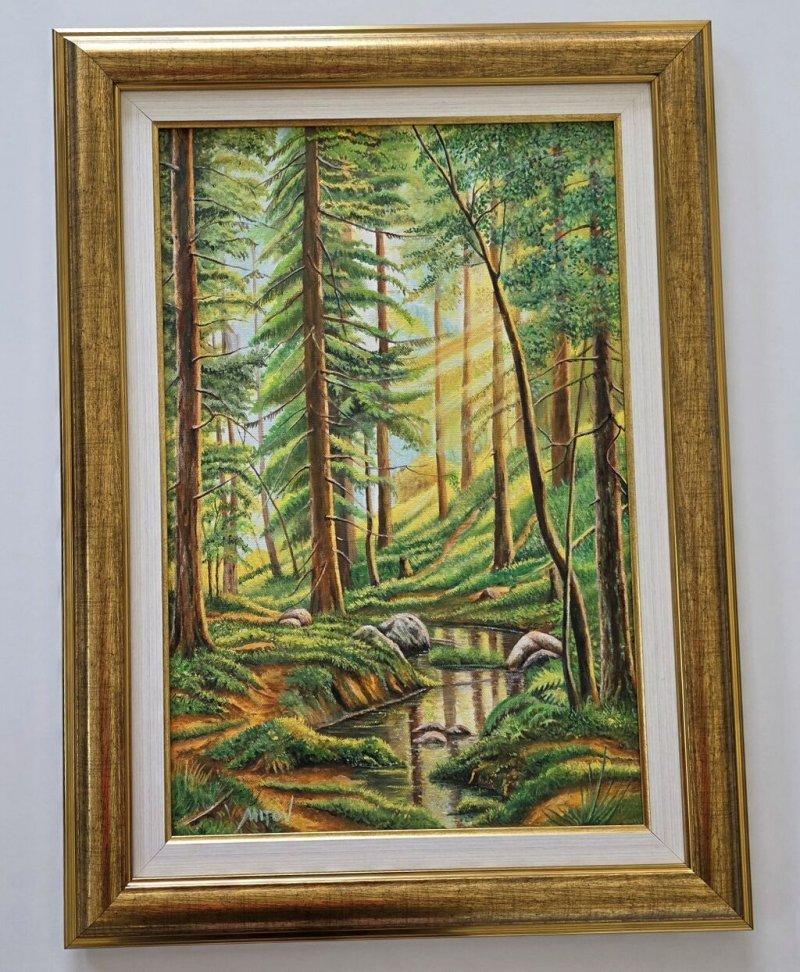 Oil on canvas - Golden light of the forest, beautiful, Painting Dusko Dule