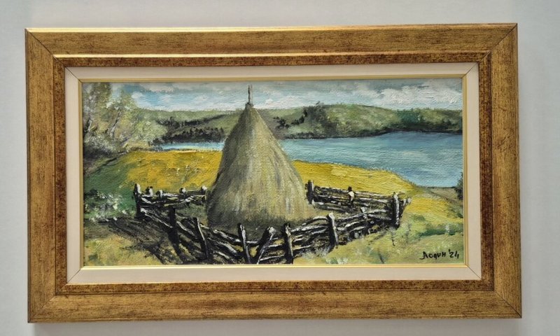Oil on hardboard - Haystack in the village, beautiful, Painting Dusko Dule