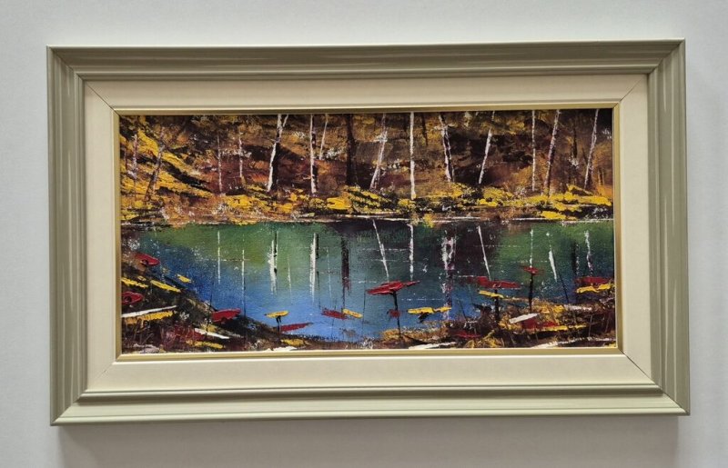 Oil on canvas - Lake in the forest, beautiful picture