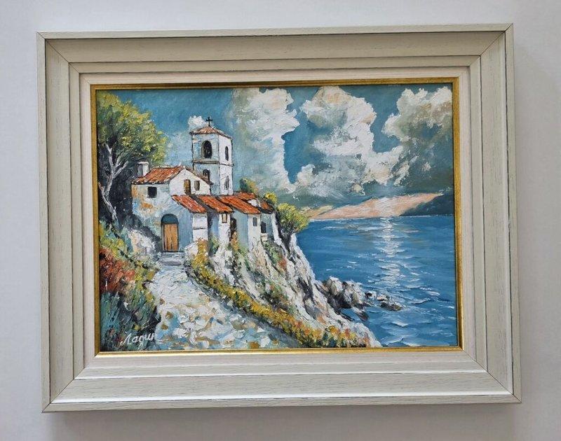Ulje na platnu - Crkva iznad mora, prelepo, Slika Dusko Dule