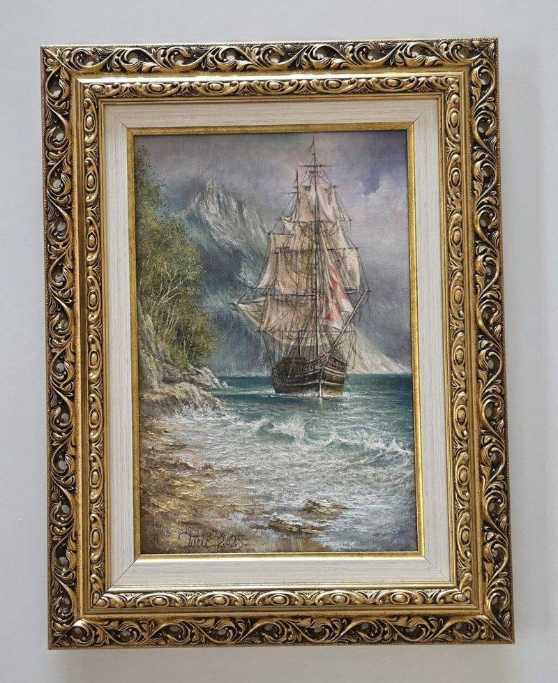 Oil on canvas - Old ship and rough sea, Painting Dusko Dule