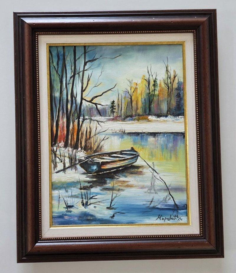 Oil on canvas - Winter, river and boat, Painting Dusko Dule