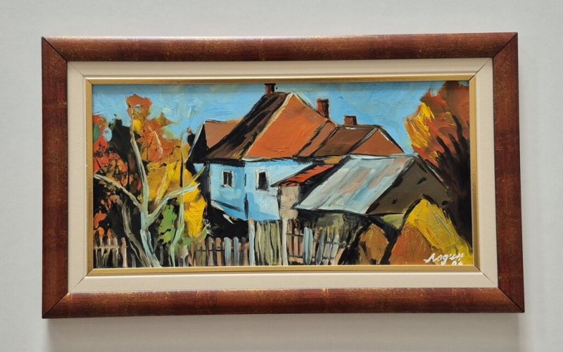Oil on hardboard - Autumn in the village, a beautiful picture