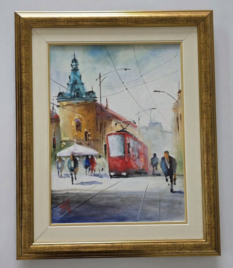 Oil on canvas - Tram in Belgrade, beautiful, Painting Dusko Dule