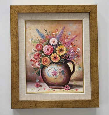 Oil on masonite - Cup with flowers