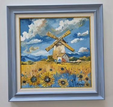 Oil on canvas - Windmill in sunflowers