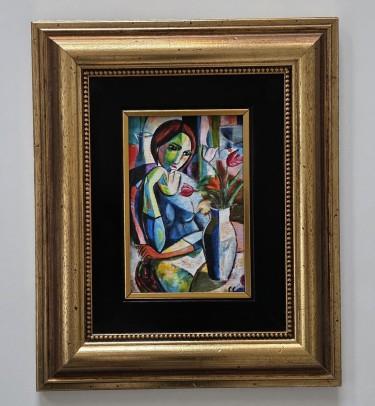 Painting - Lady and Flowers - acrylic on canvas - Miniature