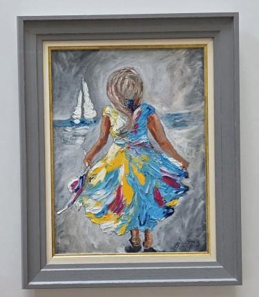 Oil on canvas - Little girl and a boat, beautiful