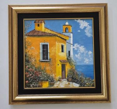 Oil on canvas - Yellow house, blue sea - Beautiful